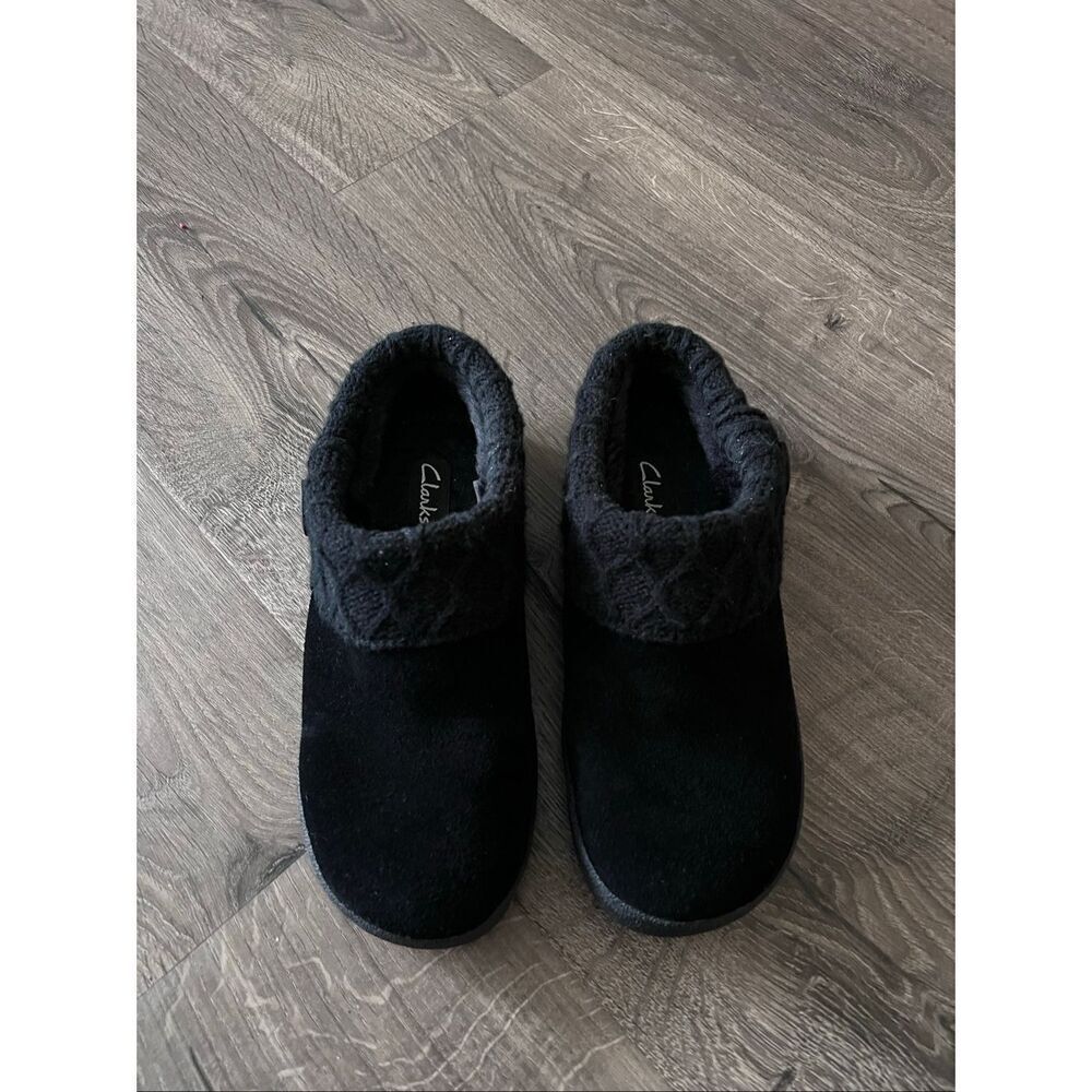 Clarks Womens Suede Leather Comfort Clog Knitted Collar Slipper indie outdoor Wo